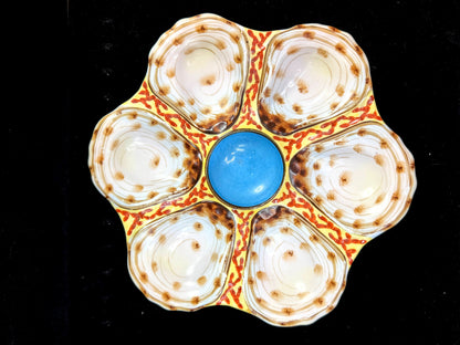 Rare Antique French Limoges Oyster Plate Blue Center Yellow Red 9 1/8 A1261