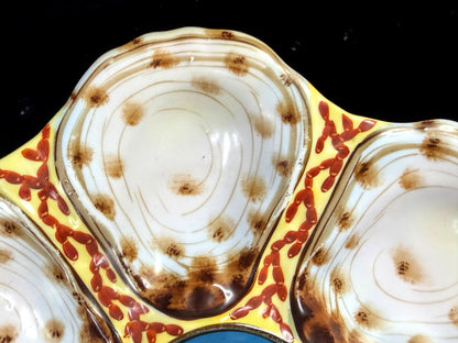 Rare Antique French Limoges Oyster Plate Blue Center Yellow Red 9 1/8 A1261