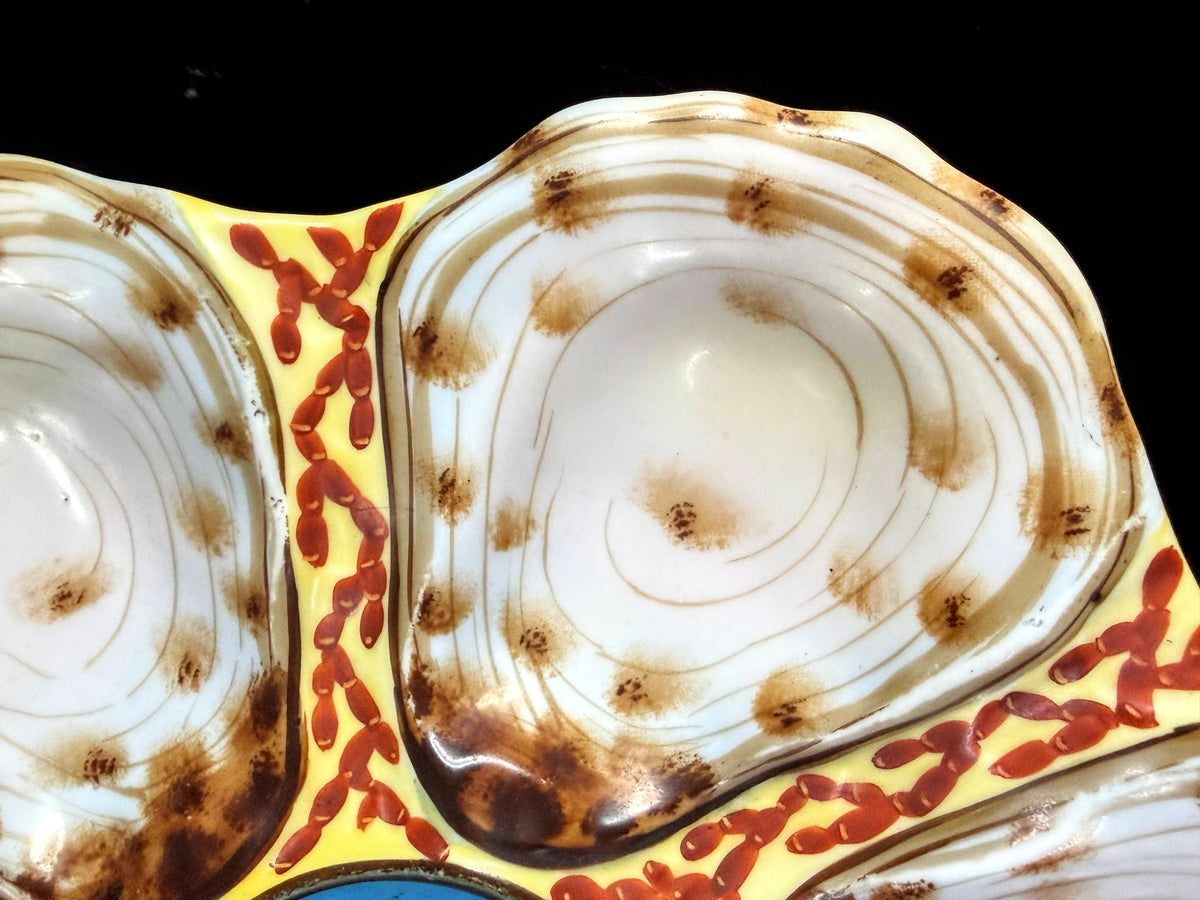 Rare Antique French Limoges Oyster Plate Blue Center Yellow Red 9 1/8 A1261