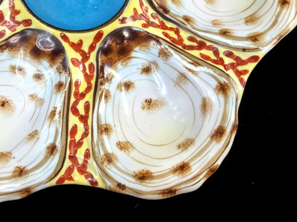 Rare Antique French Limoges Oyster Plate Blue Center Yellow Red 9 1/8 A1261