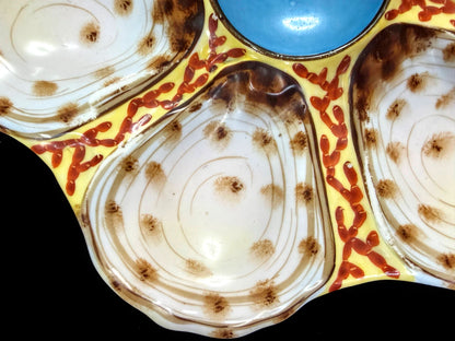 Rare Antique French Limoges Oyster Plate Blue Center Yellow Red 9 1/8 A1261