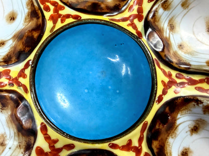 Rare Antique French Limoges Oyster Plate Blue Center Yellow Red 9 1/8 A1261