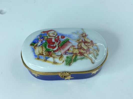Limoges Trinket Box - Teddy Bear Santa on Sleigh 3" x 1 3/4" A361