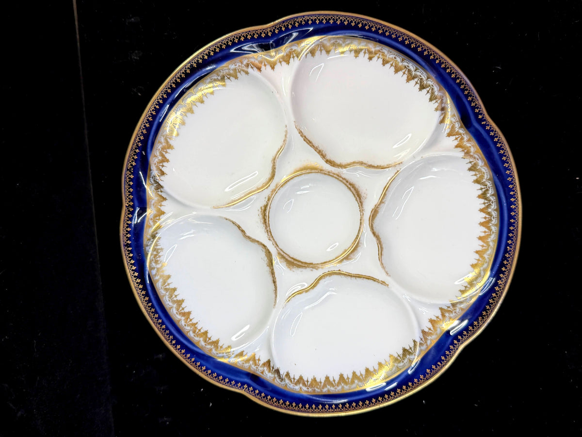 Antique Theodore Haviland Limoges Cobalt blue gold 6-well Oyster Plate A1264