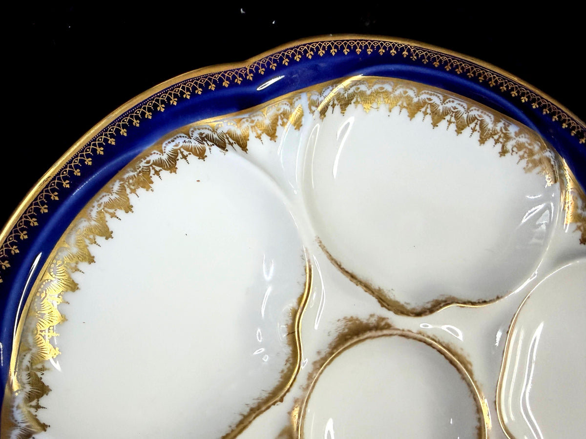 Antique Theodore Haviland Limoges Cobalt blue gold 6-well Oyster Plate A1264