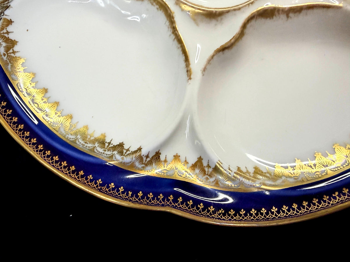 Antique Theodore Haviland Limoges Cobalt blue gold 6-well Oyster Plate A1264
