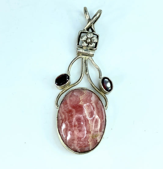 Genuine Rhodochrosite & Garnet .925 Sterling Silver Pendant 10.5g 2.25" JR9753