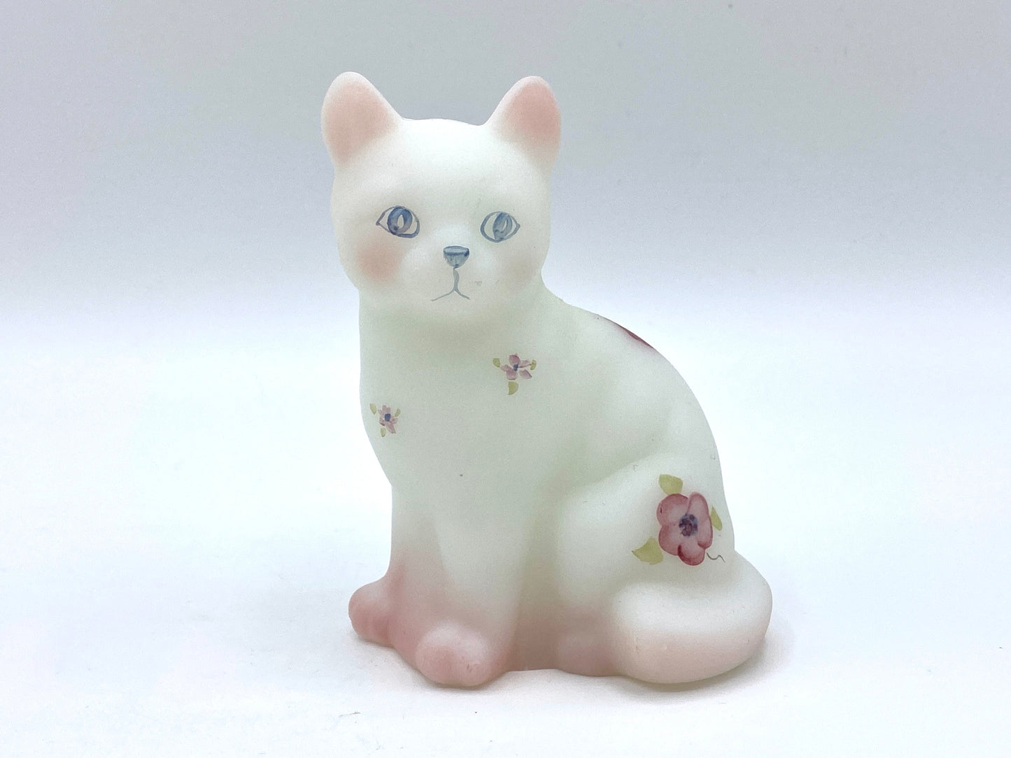 Fenton White Satin sitting cat art glass byS Kirby