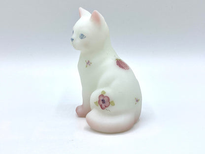 Fenton White Satin sitting cat art glass byS Kirby