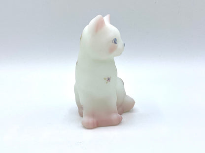 Fenton White Satin sitting cat art glass byS Kirby