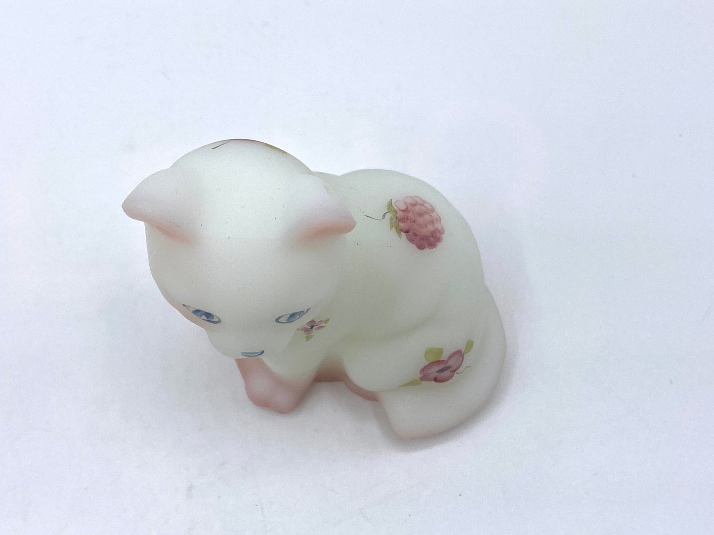 Fenton White Satin sitting cat art glass byS Kirby