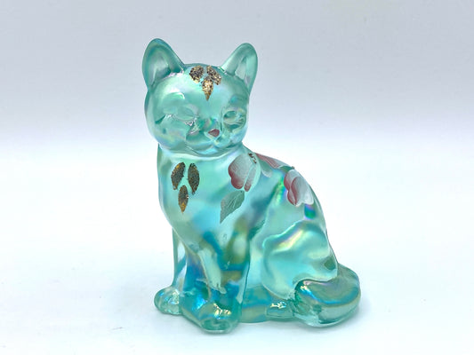 Fenton Art glass aquamarine Carnival Mongolia Sitting cat by R Langham FT1037