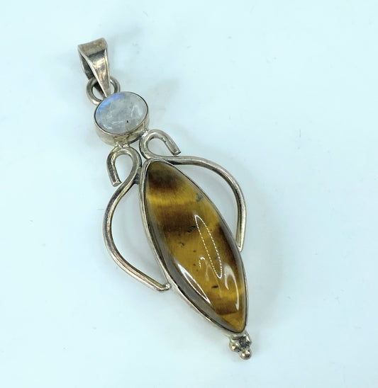 Sterling Silver. 925 Tiger Eye Rainbow Moonstone pendant 11.2g 2.5" JR9756