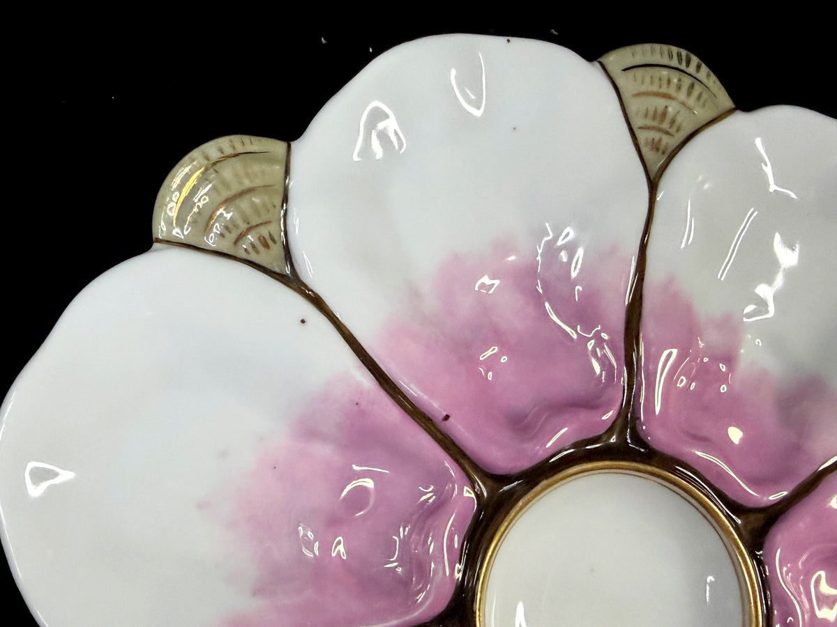 Antique 6-Well Oyster Plate Pink White Gold Porcelain c1890 A1267