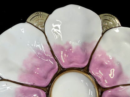 Antique 6-Well Oyster Plate Pink White Gold Porcelain c1890 A1267