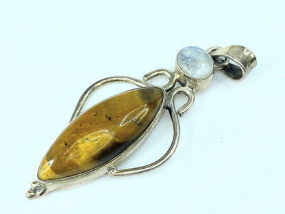 Sterling Silver. 925 Tiger Eye Rainbow Moonstone pendant 11.2g 2.5" JR9756