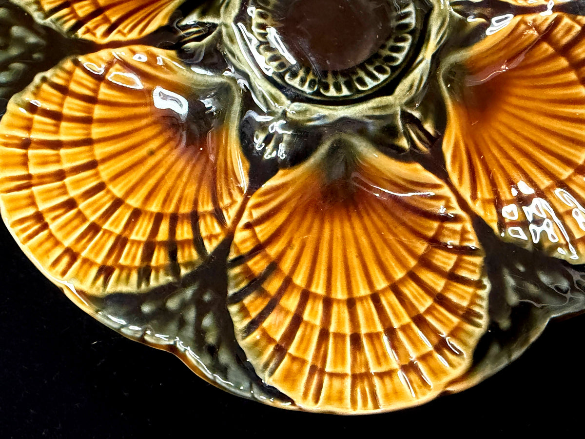 Vintage Sarreguemines Majolica 6-Well Oyster Plate France 9.25" A1269
