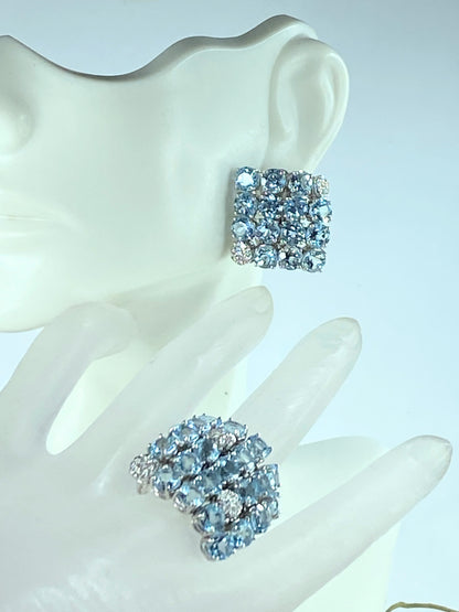 Gavello 18K Blue Topaz Diamond flexible top earrings & RIng set 40.7g JR9717