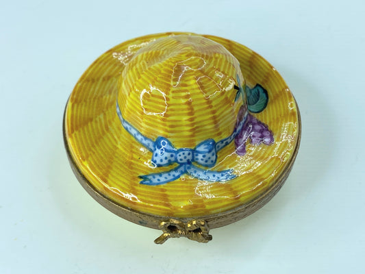 Limoges France Hinged Yellow Straw Garden Hat Trinket Box Fruit Blue Ribbon A371