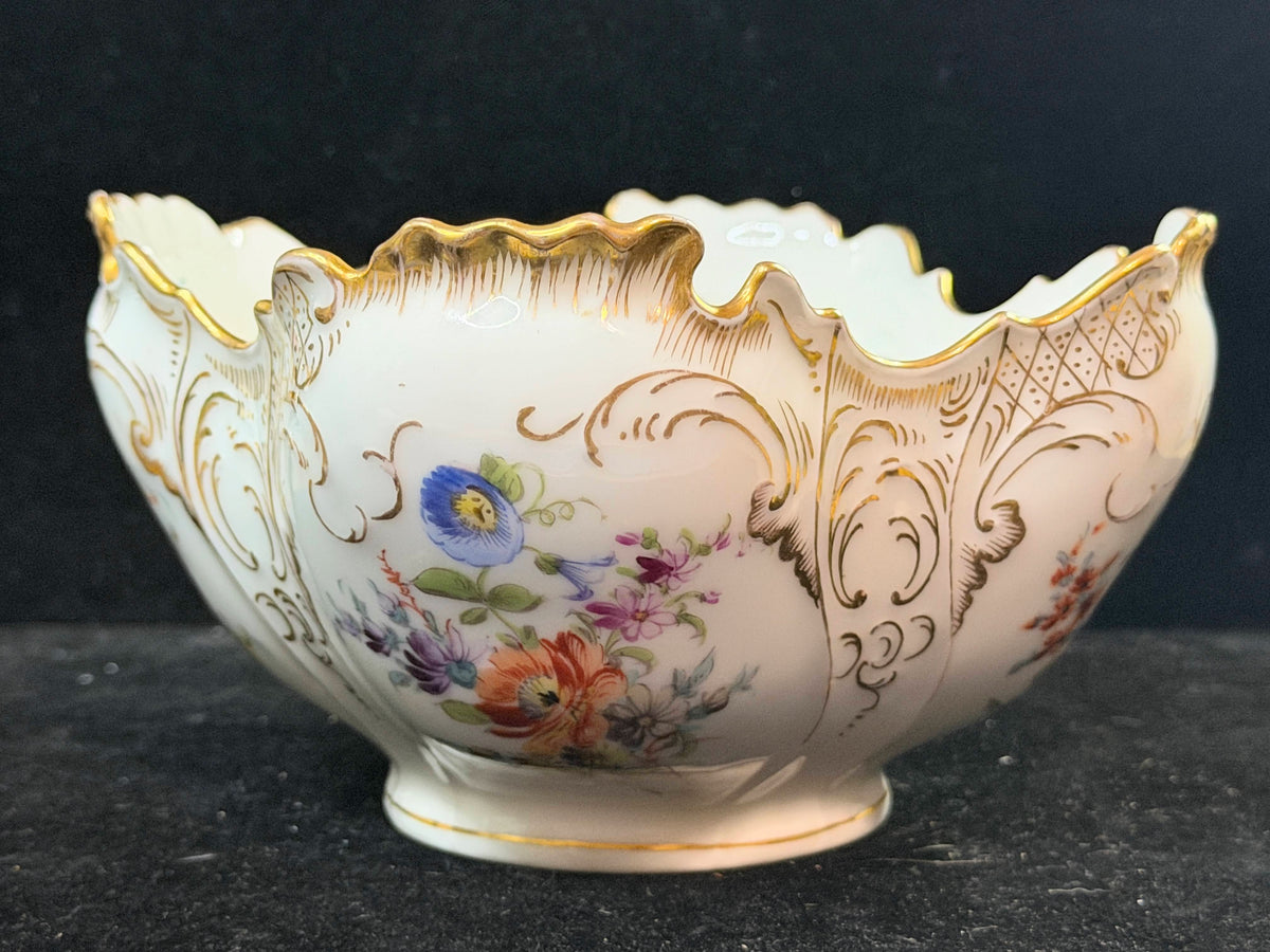Vintage German Dresden Porcelain Floral Bowl Hand Painted Gilt Scalloped A1273