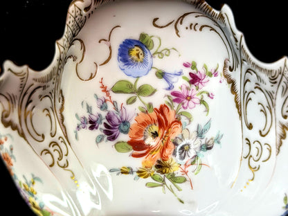 Vintage German Dresden Porcelain Floral Bowl Hand Painted Gilt Scalloped A1273