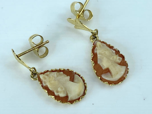 14K yellow gold carved Shell Cameo dangle earrings 7/8" 1.6g JR9759