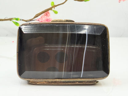 Antique British Banded Agate Gilt Metal Snuff Pill Box SS208