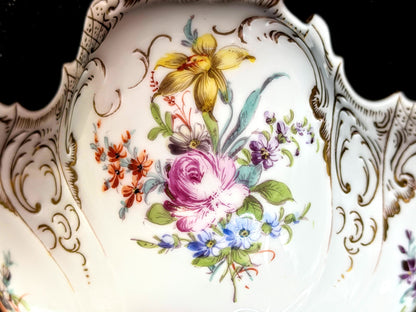 Vintage German Dresden Porcelain Floral Bowl Hand Painted Gilt Scalloped A1273