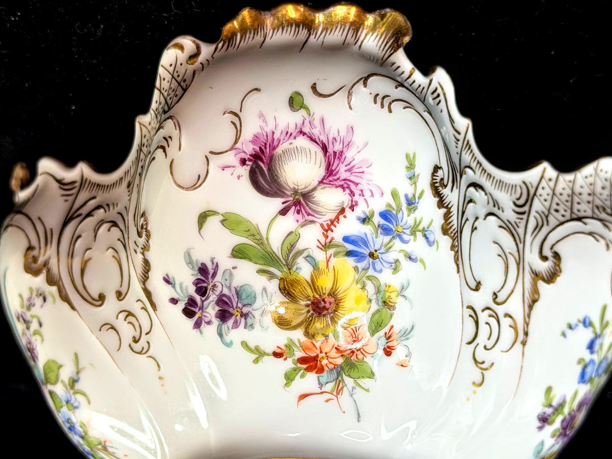 Vintage German Dresden Porcelain Floral Bowl Hand Painted Gilt Scalloped A1273