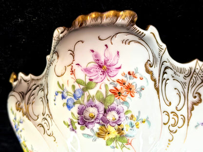 Vintage German Dresden Porcelain Floral Bowl Hand Painted Gilt Scalloped A1273