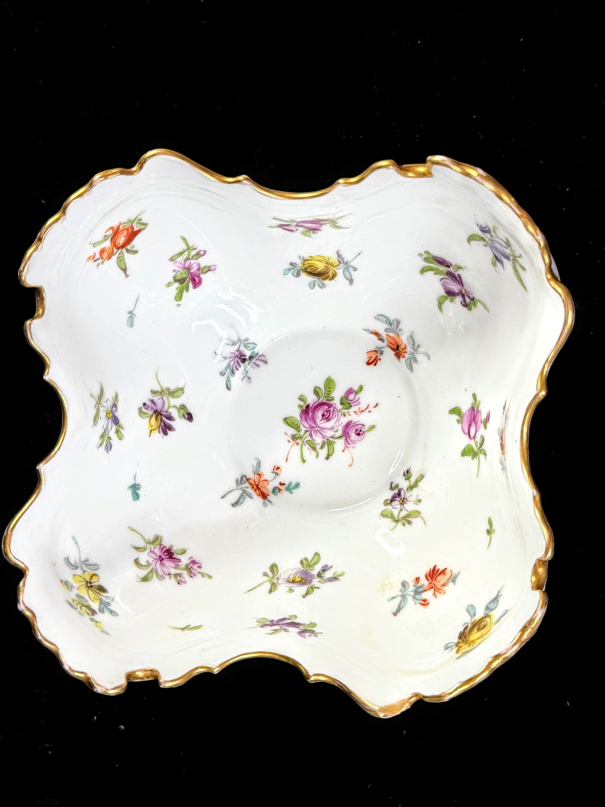Vintage German Dresden Porcelain Floral Bowl Hand Painted Gilt Scalloped A1273