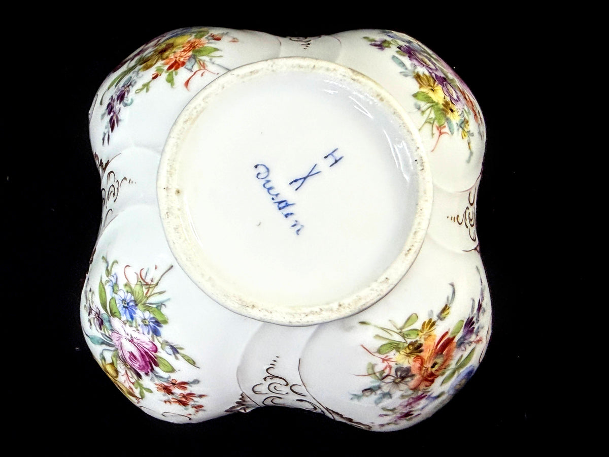 Vintage German Dresden Porcelain Floral Bowl Hand Painted Gilt Scalloped A1273