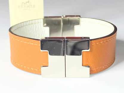 HERMES orange leather Bracelet Silver both-sides Hardware 23.9g 6.5" GS234