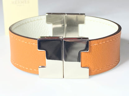 HERMES orange leather Bracelet Silver both-sides Hardware 23.9g 6.5" GS234