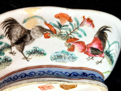 Antique Chinese Tongzhi Rooster Famille Rose Lobed Bowl Clay Seal A1276
