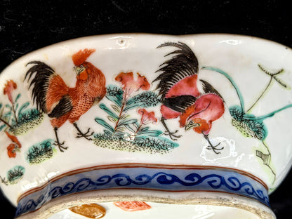 Antique Chinese Tongzhi Rooster Famille Rose Lobed Bowl Clay Seal A1276