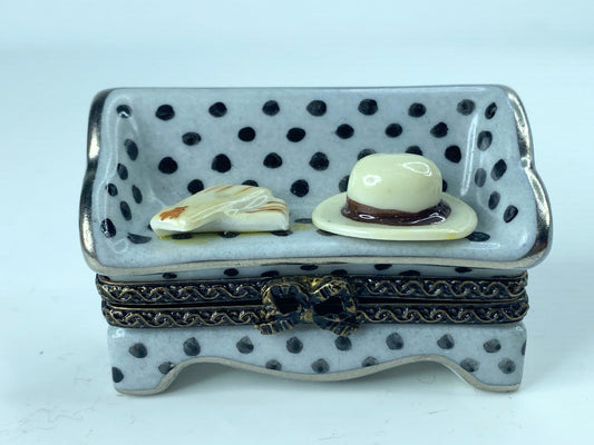 Signed AR Limoges French Polka Dot Loveseat w/ Lady's gloves  7 hat trinket A381
