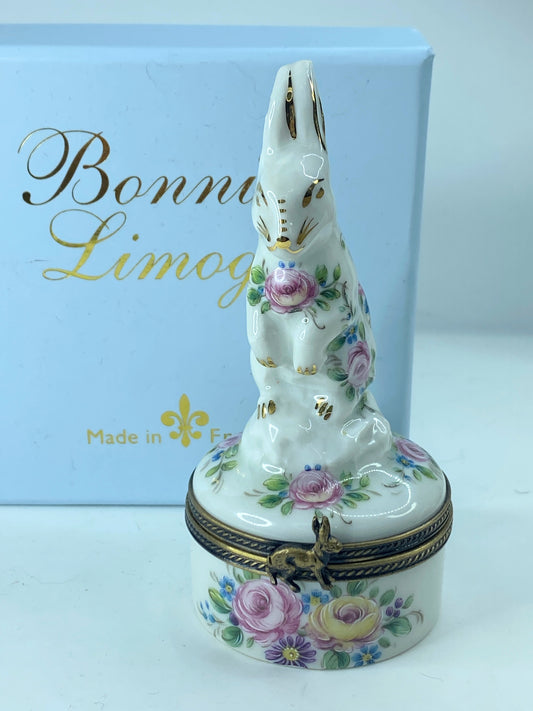 Rehaussi Limoges Rabbit Pink & Yellow Roses hand-painted Hare closure w/box A382