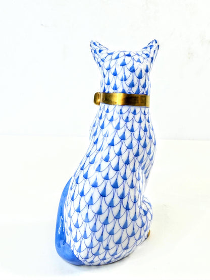 Herend Blue Fishnet Cat with Gold Bow Porcelain Figurine 4.75" A1049