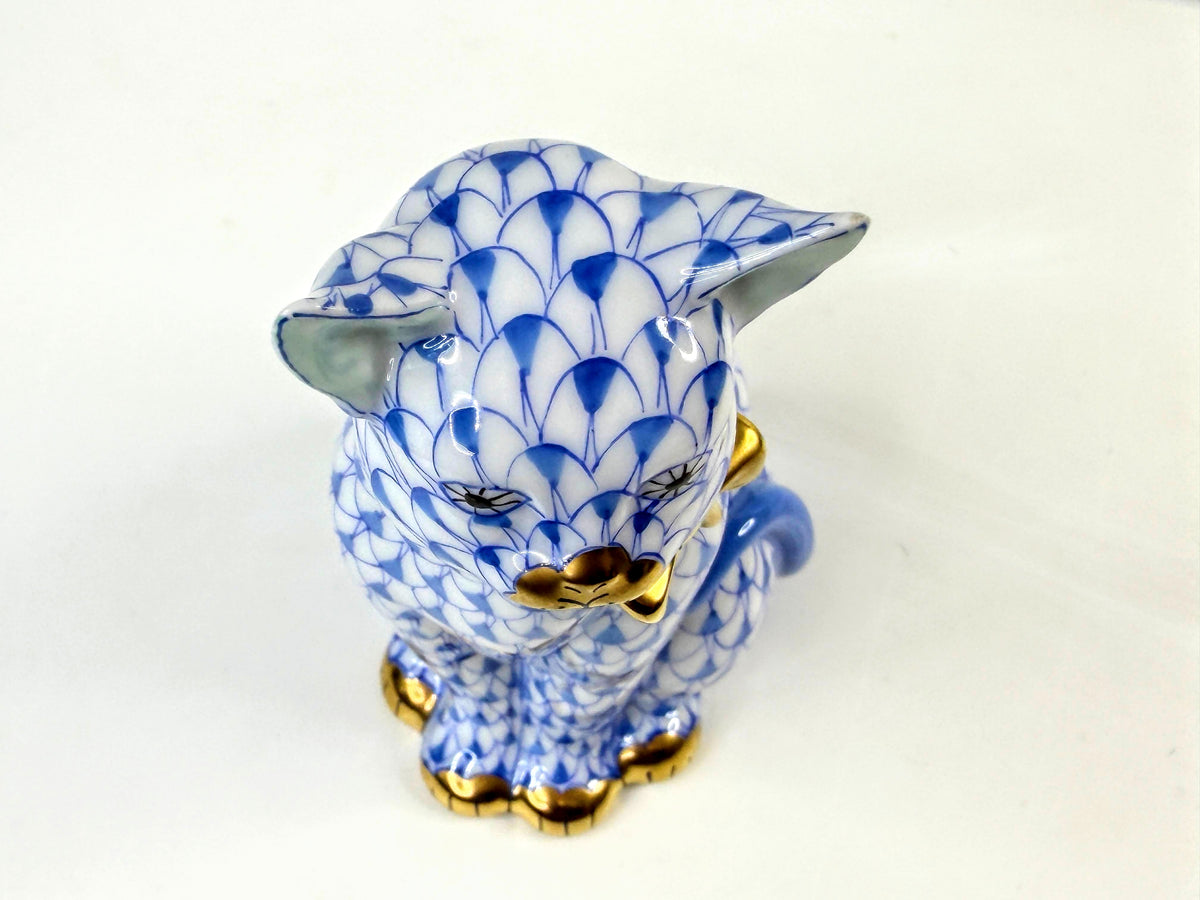 Herend Blue Fishnet Cat with Gold Bow Porcelain Figurine 4.75" A1049