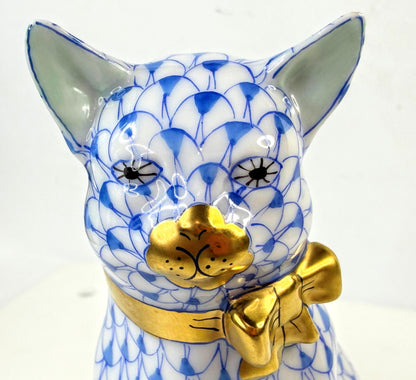 Herend Blue Fishnet Cat with Gold Bow Porcelain Figurine 4.75" A1049