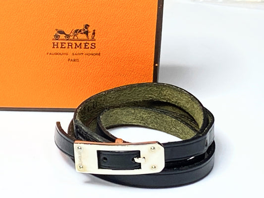 Hermes Hapi Triple Tour Black Leather Silver Tone Logo Wrap Bracelet GS351