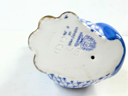 Herend Blue Fishnet Cat with Gold Bow Porcelain Figurine 4.75" A1049