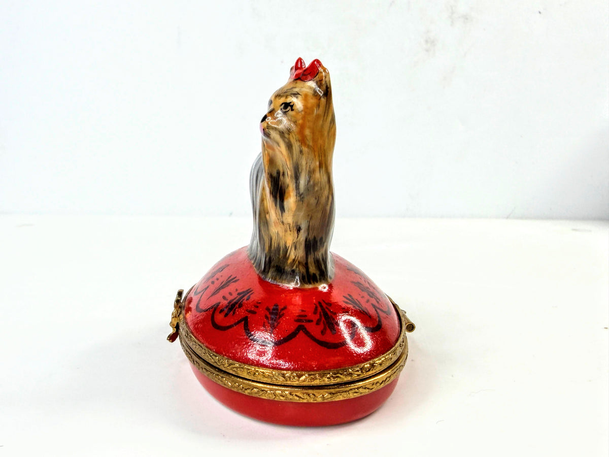 Artoria Limoges France Yorkie Dog Porcelain Trinket Box Red Pillow A1050