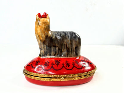 Artoria Limoges France Yorkie Dog Porcelain Trinket Box Red Pillow A1050