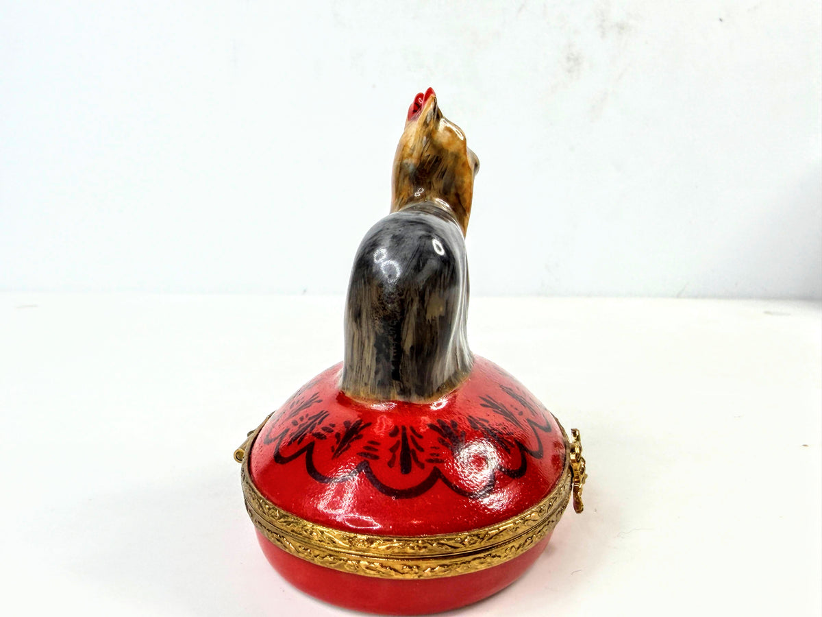 Artoria Limoges France Yorkie Dog Porcelain Trinket Box Red Pillow A1050