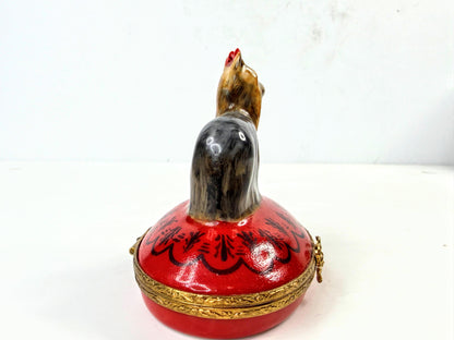 Artoria Limoges France Yorkie Dog Porcelain Trinket Box Red Pillow A1050