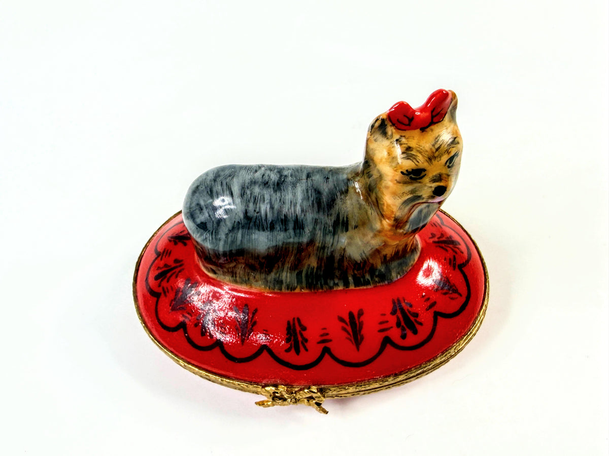 Artoria Limoges France Yorkie Dog Porcelain Trinket Box Red Pillow A1050