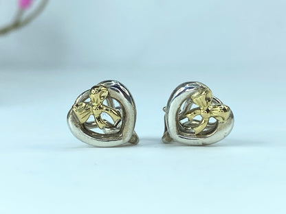 1991 Tiffany & Co. 18k Yellow Gold & Sterling 925 Ribbon Heart Earrings JR9766