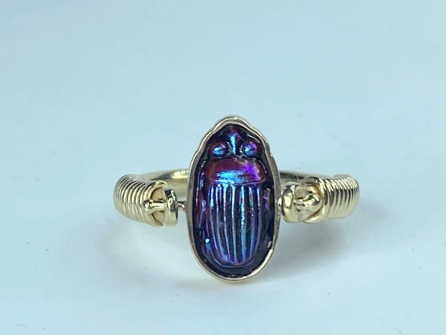 Scarab Beetle Flip Ring 14k Yellow Gold Egyptian Hieroglyphs Jewelry size7 JR868